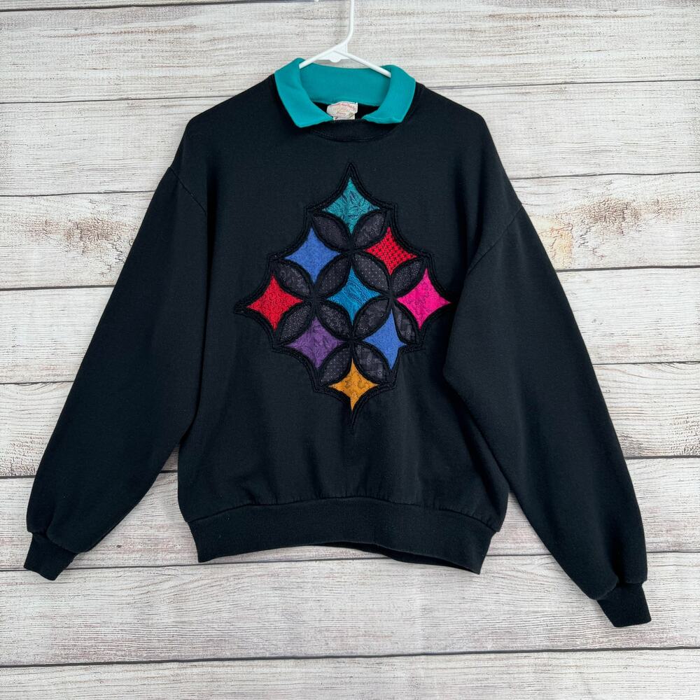 Vintage 80s‎ Hand Made by Nancy Patchwork Sweatshirt Womens Large Black